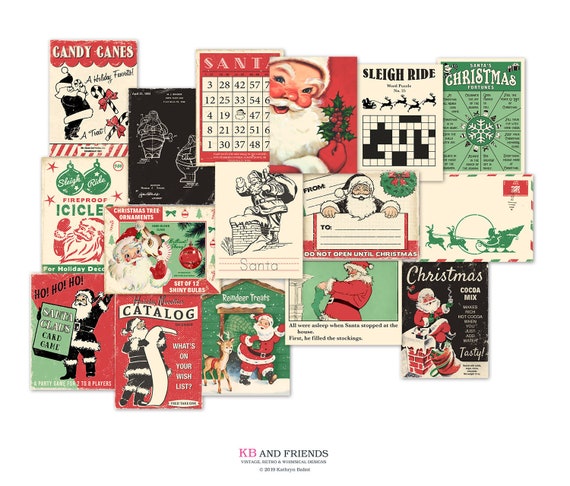 Digital retro Christmas & Santa Ephemera Cards / 16 printable 3" by 4" cards, gift tags / collage sheets, individual JPEGs, printable PDF Il_570xn