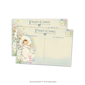 Printable Vintage Baby Post Cards to use as thank you cards, baby shower cards, scrapbook embellishments, crafts / gender neutral / 2 sizes