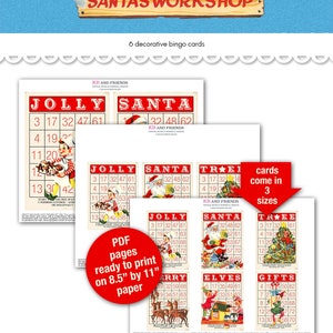 Decorative Printable Santa's Workshop Christmas Bingo Cards with Retro Elves for crafts, junk journals, scrapbooks in 3 sizes / JPEG, PDF image 3