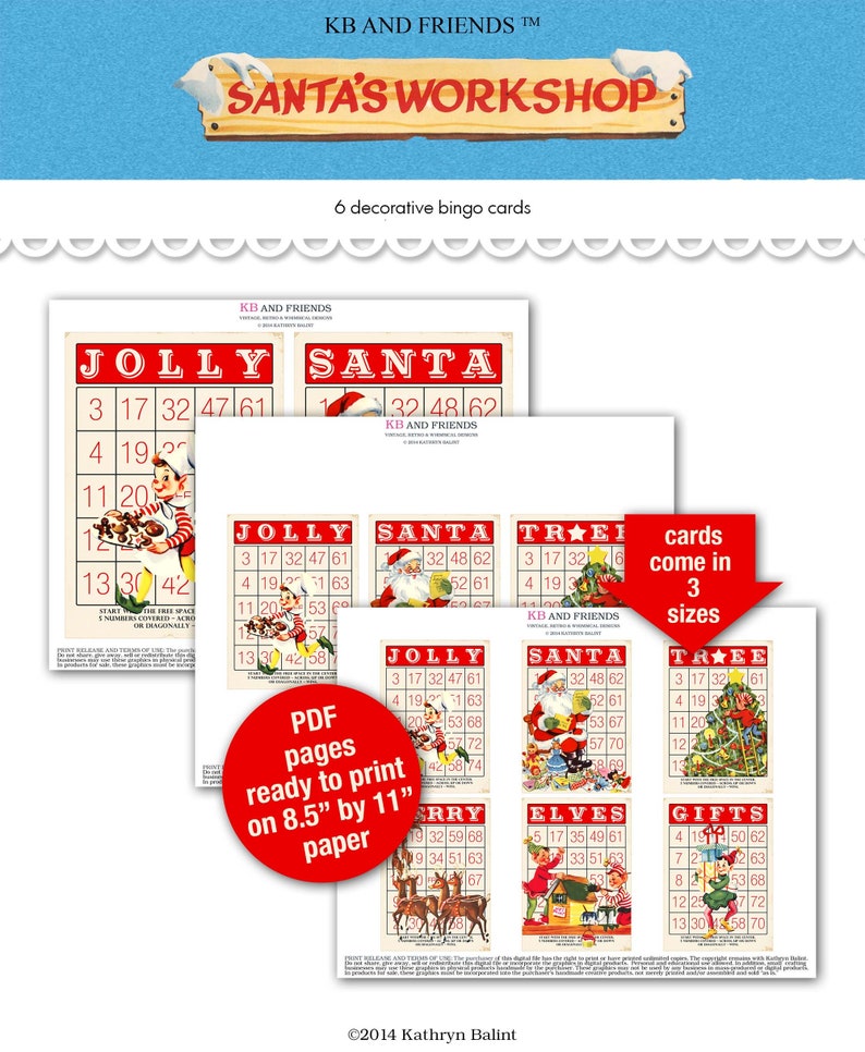 Decorative Printable Santa's Workshop Christmas Bingo Cards with Retro Elves for crafts, junk journals, scrapbooks in 3 sizes / JPEG, PDF image 3