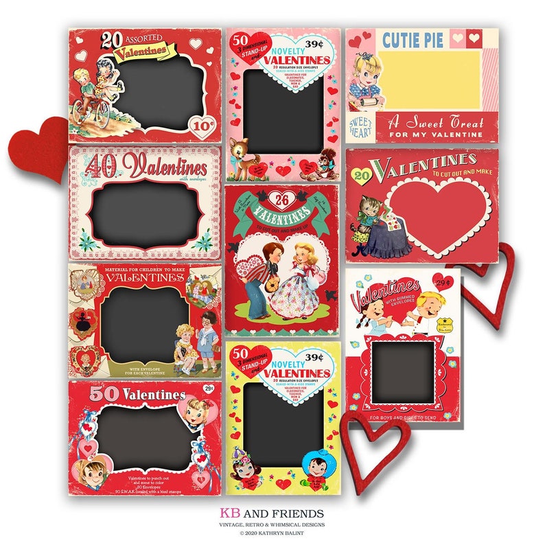 Vintage Printable Valentine Box Tops/ 10 printable cards / ephemera for gift tags, scrapbook, crafts / 2 sizes / retro Valentine images 