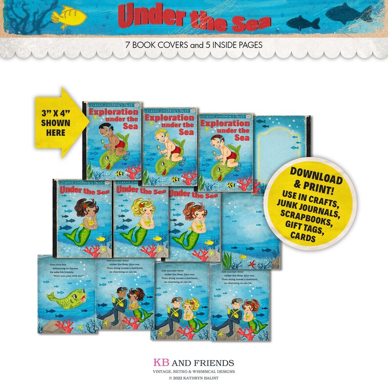 Retro Under the Sea Mermaids and Divers Book Fronts, Backs & Pages for Crafts, Scrapbooks, Junk Journals / 5 X 7 and 3 X 4 / JPEG and PDF image 3