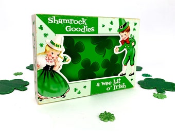 Printable Retro Style Shamrock Goodies St. Patrick's Day Box with leprechaun / 5" X 7" X 1.25" digital box template for gifts, candy, crafts