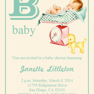May include: A baby shower invitation with a blue and white letter B and the word "baby" printed below. The invitation is for Janette Littleton and includes the date, time, address, and RSVP information.