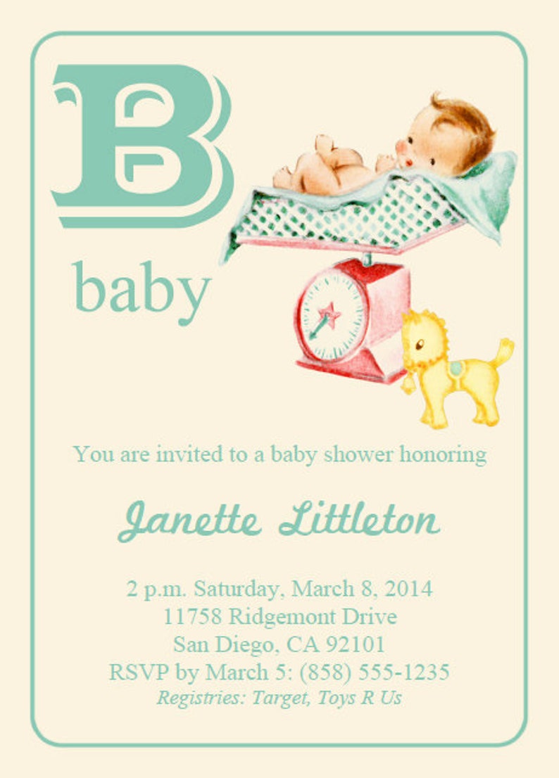 May include: A baby shower invitation with a blue and white letter B and the word "baby" printed below. The invitation is for Janette Littleton and includes the date, time, address, and RSVP information.