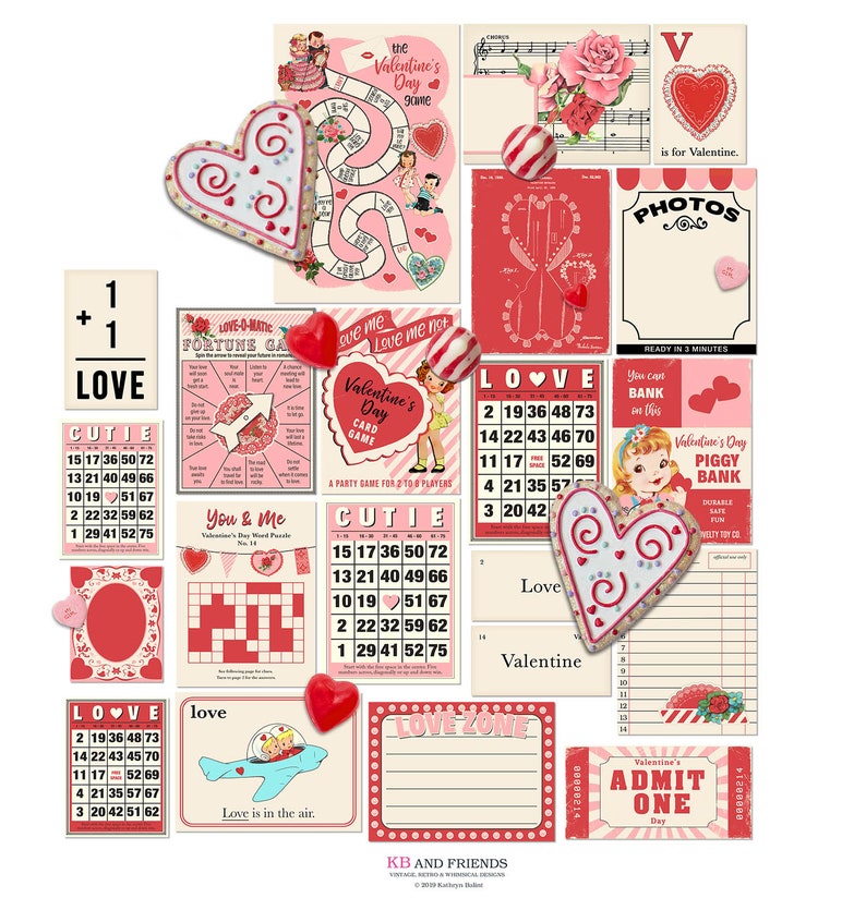 Retro Valentine's Day Digital Ephemera, Fun & Game Cards for Crafts / vintage children, couples / printable collage sheets / JPEG, PDF, PNG image 2