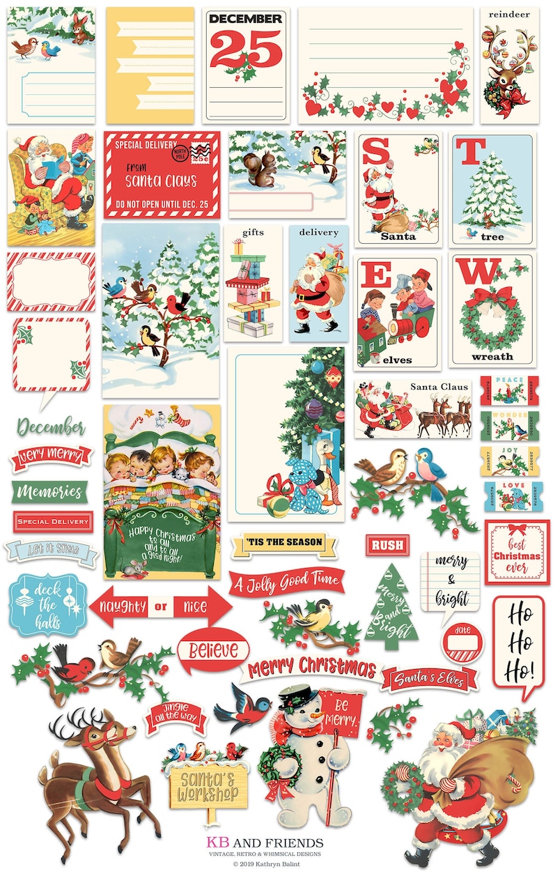 Retro Christmas Digital Scrapbook embellishments, ephemera, pocket cards  / printable collage sheets plus individual files / vintage Santa 