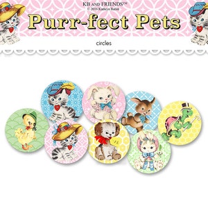 May include: Set of eight colorful circles featuring cartoon animals wearing hats. The animals include a cat, a bunny, a duck, a dog, and a turtle. The circles are perfect for crafts, scrapbooking, or other creative projects.