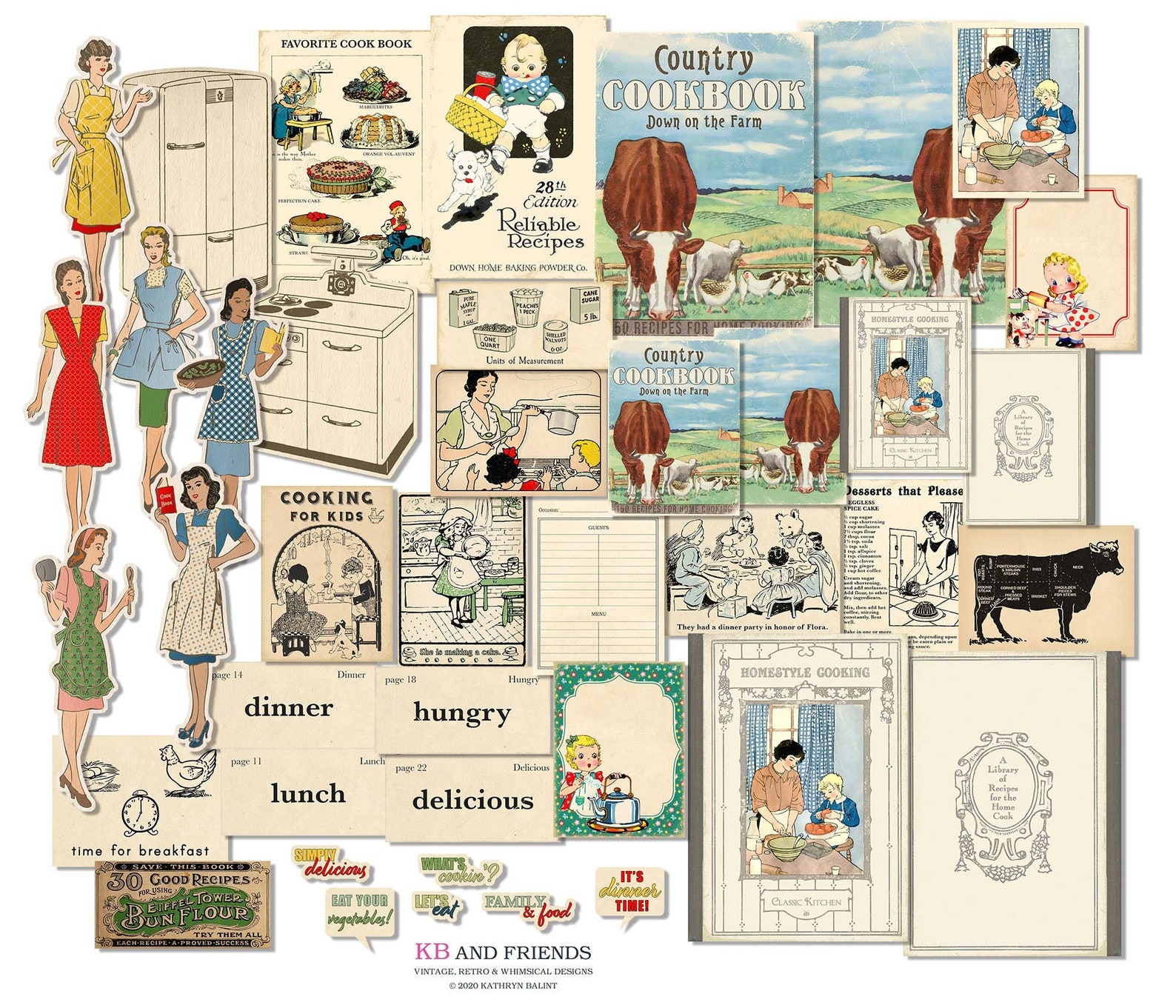 Vintage Style Kitchen Ephemera: Printable 1940s Women, Cookbook Art ...