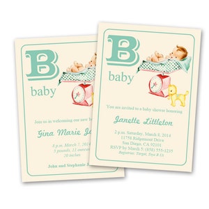 May include: A baby shower invitation with a blue and white color scheme. The invitation features a baby on a scale with a letter B and the words "baby" printed on the invitation. The invitation is for Janette Littleton and the shower is scheduled for March 8, 2014 at 2 p.m. at 11758 Ridgemont Drive in San Diego, CA 92101. RSVP by March 5th at (858) 555-1235. Registries: Target, Toys R Us.