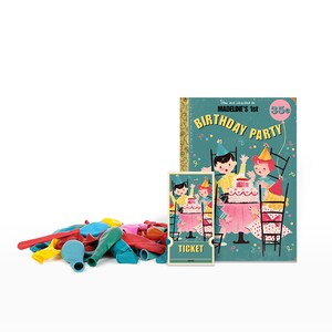 May include: A vintage-style birthday party invitation with a blue, green and yellow colour scheme. The invitation features a cartoon illustration of three children celebrating a birthday with a cake and balloons. The text on the invitation reads "You are invited to MADELINE'S 1st BIRTHDAY PARTY 35&cent;". A ticket with the word "TICKET" is also included.