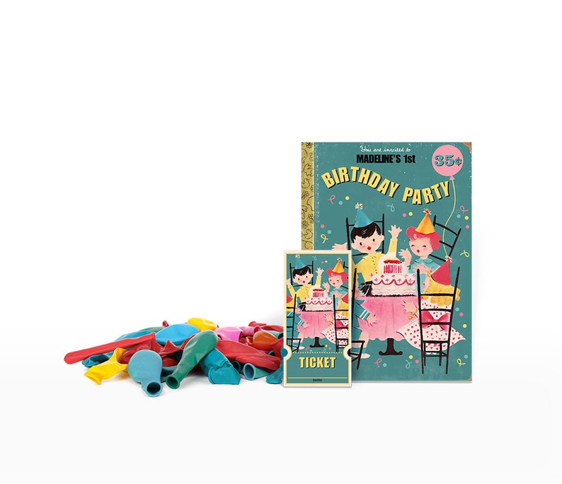 May include: A vintage-style birthday party invitation with a blue, green and yellow colour scheme. The invitation features a cartoon illustration of three children celebrating a birthday with a cake and balloons. The text on the invitation reads "You are invited to MADELINE'S 1st BIRTHDAY PARTY 35&cent;". A ticket with the word "TICKET" is also included.