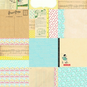 Digital whimsical vintage background papers / printable / JPEG / 6" by 6" / floral, retro children, collage, ledger, postcard / shabby chic
