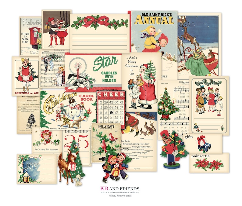 Vintage Christmas digital ephemera / collage sheets, individual files, printable PDF / gift tags, scrapbook embellishments / various sizes 