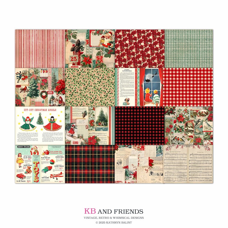 May include: A collage of Christmas-themed scrapbook paper with various patterns and illustrations. Designs include red and white stripes, floral prints, plaid, and images of Santa Claus, angels, and toys. The text "KB AND FRIENDS" and "TOY PLANE" are visible.