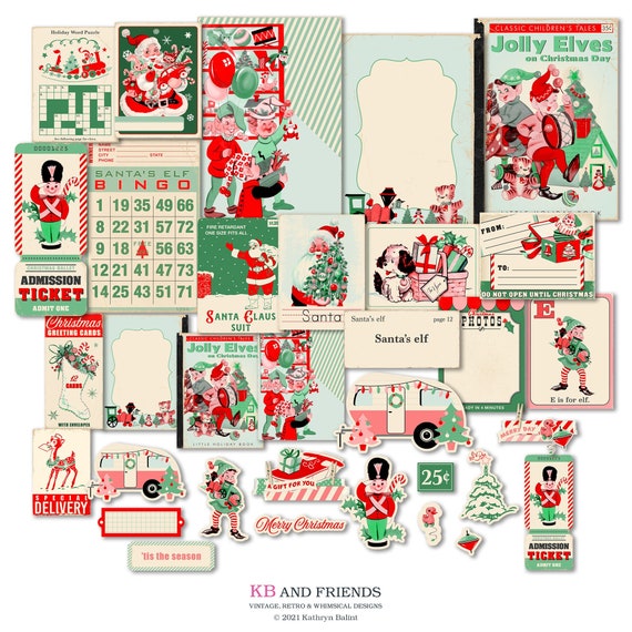 Retro Elves and Santa Digital Embellishments & Ephemera Cards for scrapbooks, junk journals / printable collage sheets, individual files Il_570xn