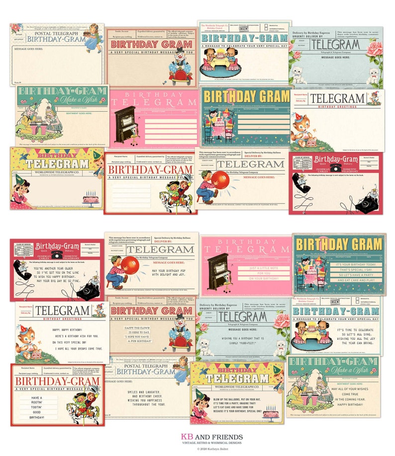 Retro Birthday Telegrams / birthday-grams ephemera cards for gift tags, crafts, scrapbooks / 12 6 by 4 designs, both with sayings & blank image 1