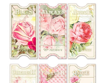 Printable vintage tickets / floral digital collage sheet /  wedding, shabby chic, romance / printable tags / floral tags