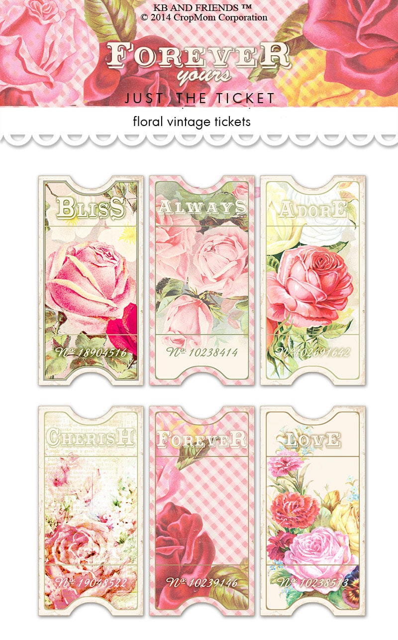 Printable vintage tickets / floral digital collage sheet /  wedding, shabby chic, romance / printable tags / floral tags