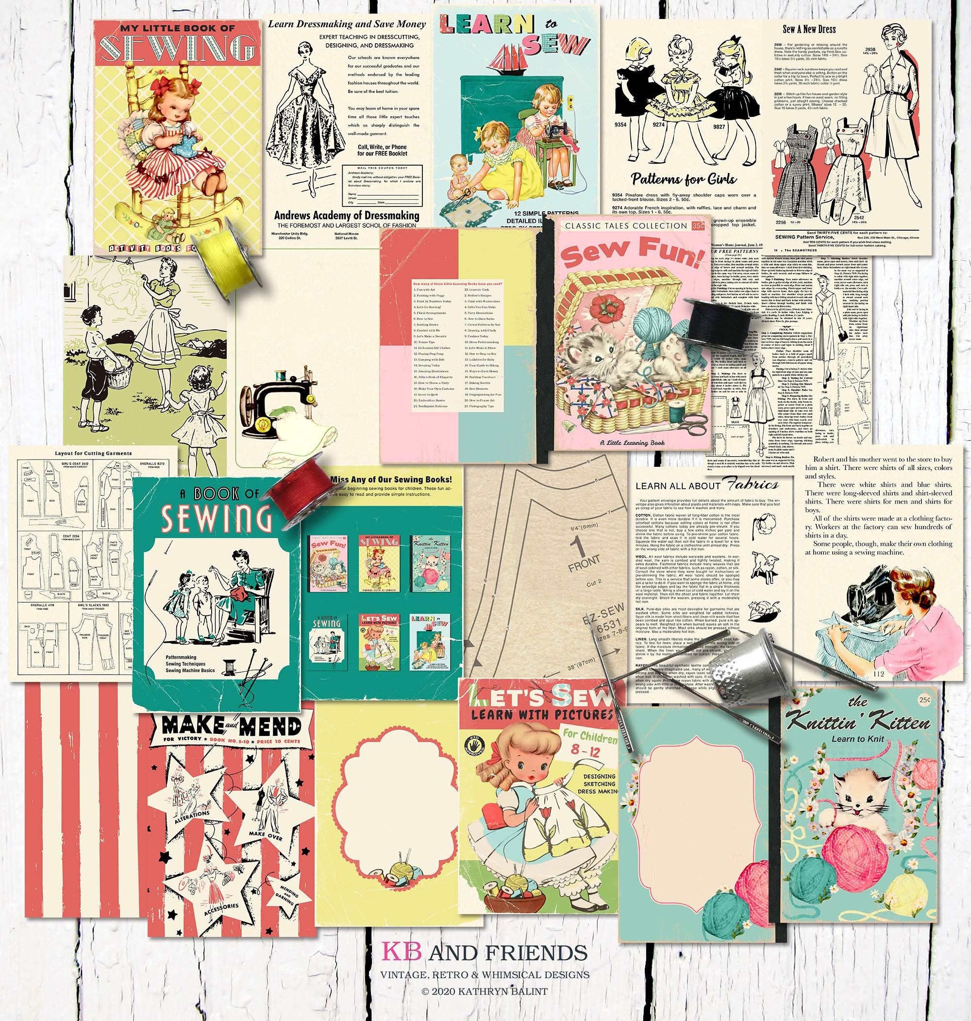 Digital Retro Sewing Book Covers, Pages and Ephemera Cards for Junk Journals, Scrapbooks, Crafts / 2 printable sizes: 5
