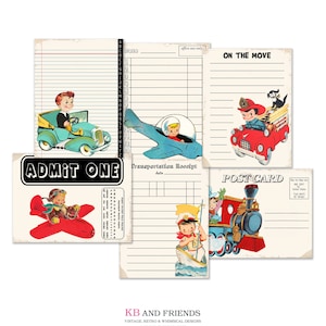 Printable Retro Boys on the Move Transportation Themed Journaling Cards  for crafts, junk, journals, scrapbooks in JPEG, PDF, 3" by 4"