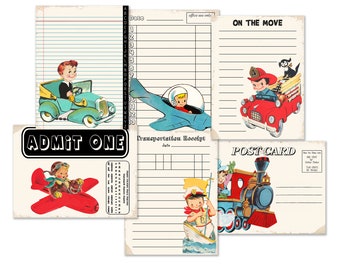 Printable Retro Boys on the Move Transportation Themed Journaling Cards  for crafts, junk, journals, scrapbooks in JPEG, PDF, 3" by 4"