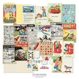 Printable Vintage Comics and Kids Junk Journal Mini Kit, Scrapbook Album, Ephemera / retro pages, envelope, embellishments for boys & girls