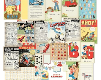 Printable Vintage Comics and Kids Junk Journal Mini Kit, Scrapbook Album, Ephemera / retro pages, envelope, embellishments for boys & girls