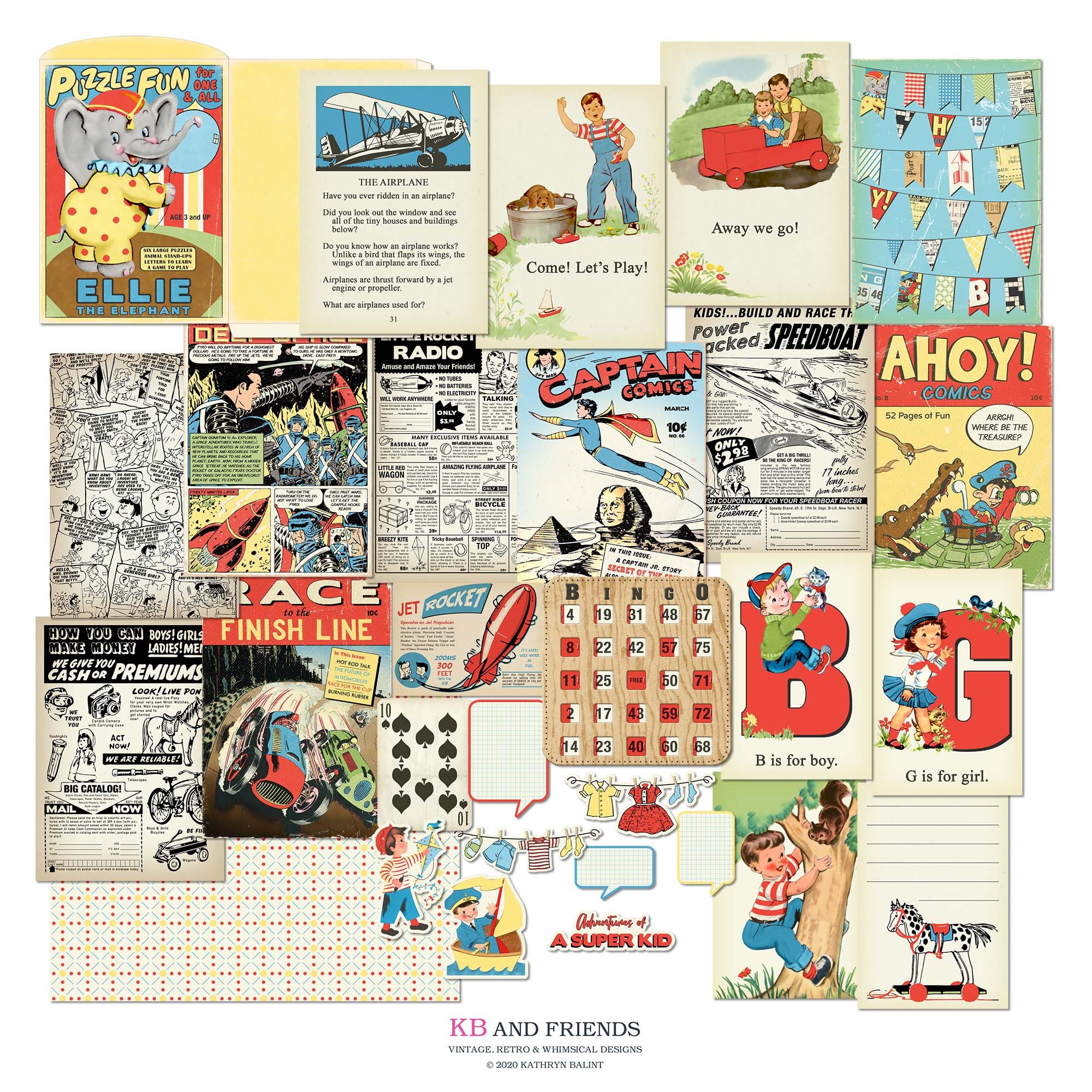 Printable Vintage Style Comics & Kids Scrapbook Kit (Digital Download)