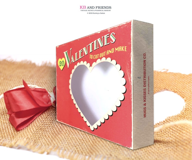 May include: A red box with a white heart cutout and the text "20 Valentines to cut out and make" and "Hugs & Kisses Distribution Co."