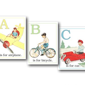 May include: Three illustrated cards with a letter of the alphabet, a picture of a child with a vehicle, and the phrase "is for" followed by the name of the vehicle. The cards are for A is for airplane, B is for bicycle, and C is for car.