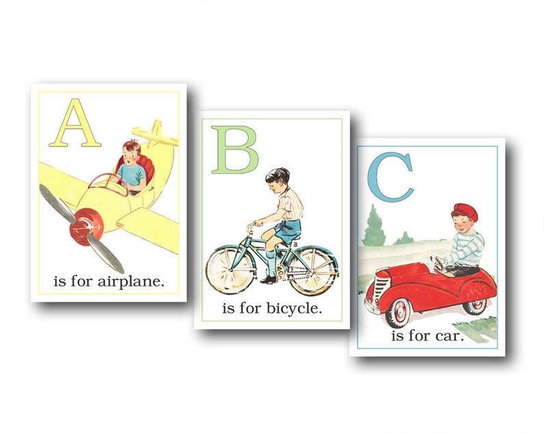 May include: Three illustrated cards with a letter of the alphabet, a picture of a child with a vehicle, and the phrase "is for" followed by the name of the vehicle. The cards are for A is for airplane, B is for bicycle, and C is for car.
