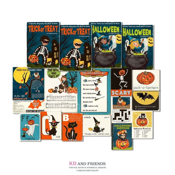 Retro Printable Halloween Witches, Skeletons & Cats Magazine Covers and Ephemera for Crafts, Scrapbooks / 5 X 7 and 3 X 4 / JPEG / PDF Il_570xn