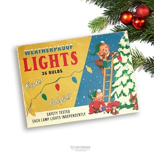 Retro Elf Christmas Tree Lights Box  / printable 5" by 7" by 1.25" box / vintage Christmas gift box, perfect for a small gift or crafts