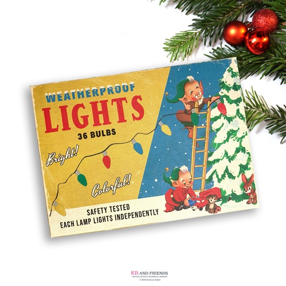 Retro Elf Christmas Tree Lights Box / printable 5" by 7" by 1.25" box / vintage Christmas gift box, perfect for a small gift or crafts Il_570xn