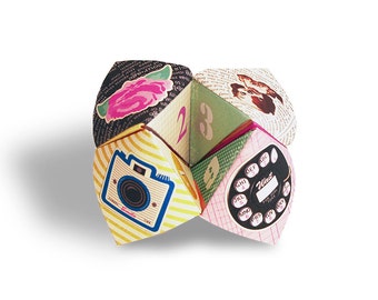 Digital retro girly cootie catcher / fortune teller / game / DIY toy / downloadable / printable/ dog, rose, telephone, camera