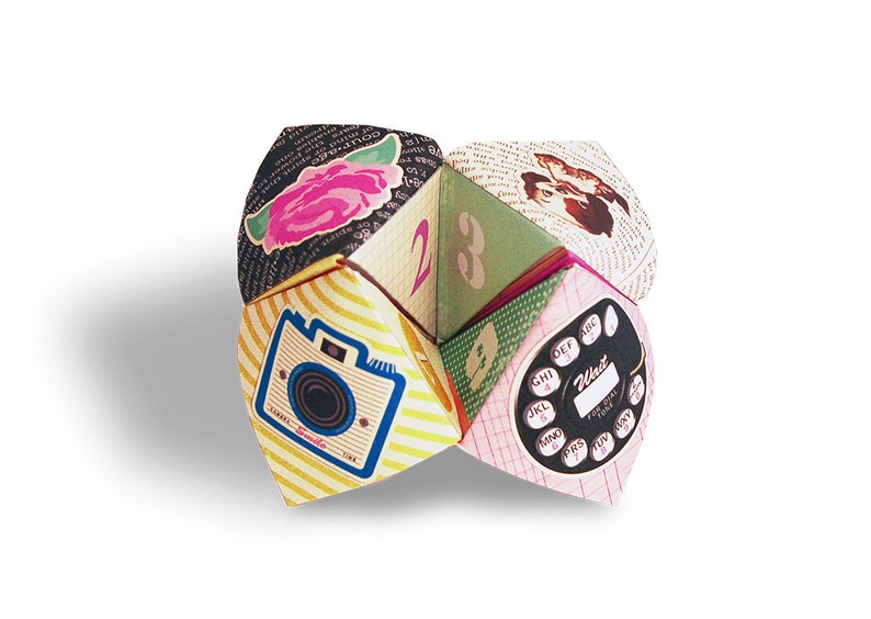 Digital retro girly cootie catcher / fortune teller / game / DIY toy / downloadable / printable/ dog, rose, telephone, camera image 1