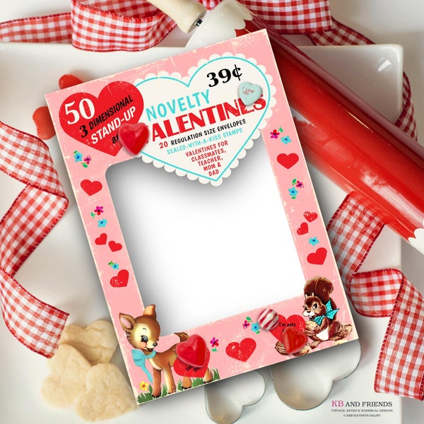 Retro Deer & Squirrel Digital Valentines Day Gift Box Template / 5" X 7" X 1.25" box for crafts, diorama, shadowbox, candy, treats, gifts