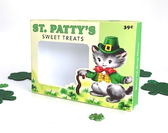 Printable Retro Style St. Patty's Sweet Treats Box with leprechaun kitty / 5" X 7" X 1.25" digital St. Patrick's Day box to make