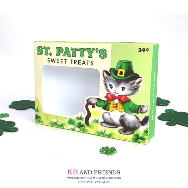 Printable Retro Style St. Patty's Sweet Treats Box with leprechaun kitty / 5" X 7" X 1.25" digital St. Patrick's Day box to make