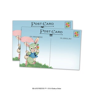 Digital Vintage Bunny Postcards /  4" by 6" and 2.5" by 3.5" / ATC, post card, Project Life/ instant download / retro rabbit with umbrella