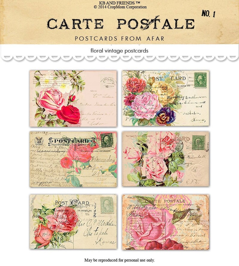 Romantic vintage floral postcards / printable shabby chic cards / ephemera / digital collage sheet / instant download / printable postcards image 1