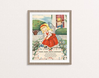 Digital Mary, Mary, Quite Contrary nursery rhyme poster / 8" by 10" / downloadable, printable / vintage Mother Goose digital print / art