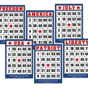 Fourth of July Bingo Cards for Crafts / printable, patriotic bingo cards / USA red, white & blue cards / two sizes / scrapbook ephemera image 1