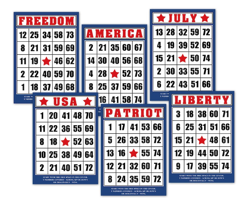Fourth of July Bingo Cards for Crafts / printable, patriotic bingo cards / USA red, white & blue cards / two sizes / scrapbook ephemera image 1