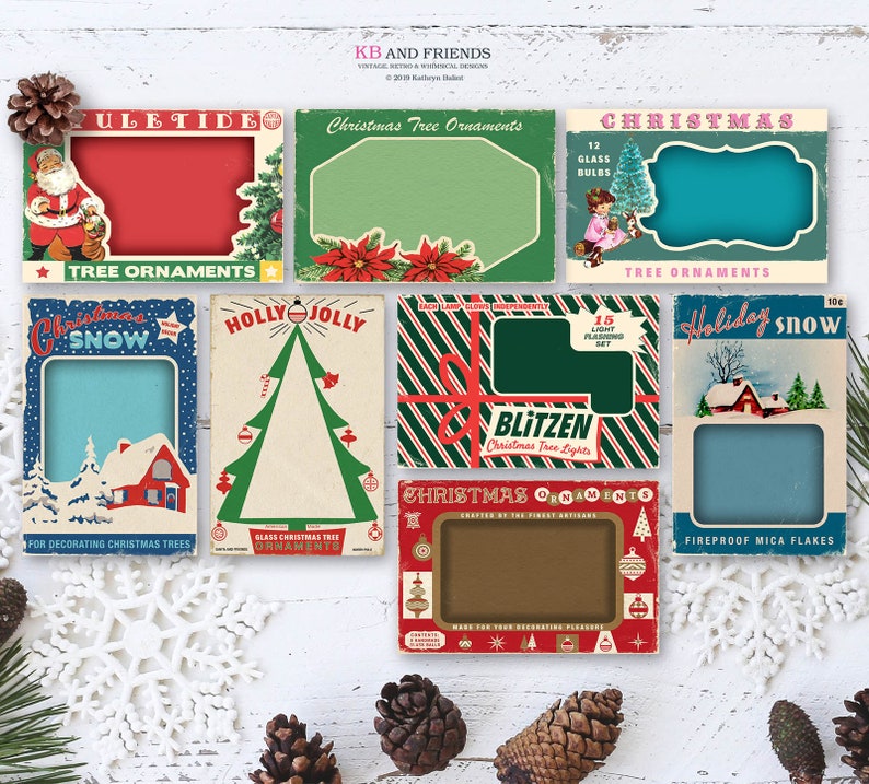 Digital Vintage Christmas Package Cards / 8 printable box tops / ephemera for gift tags, scrapbook, crafts / 2 sizes / ornament box tops 