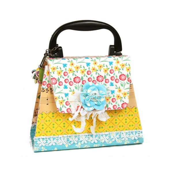Vintage premade purse mini album / girl's scrapbook / yellow shabby chic / retro illustrations and embellishments / just add your photos