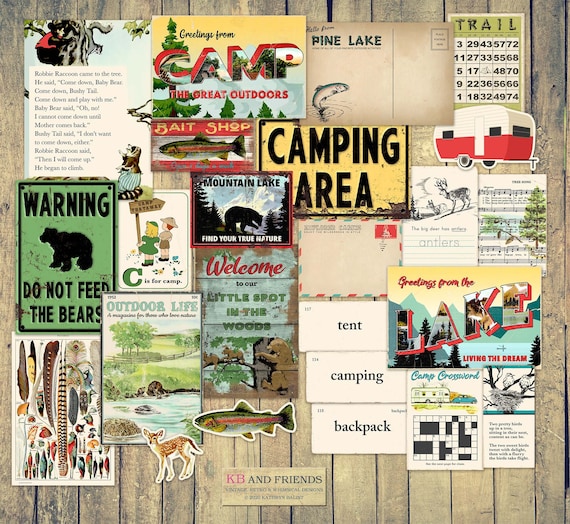 Printable Vintage Summer Camping Ephemera for Junk Journals, Scrapbooks, Crafts / 24 individual digital designs & 10 print-ready PDF pages Il_570xn