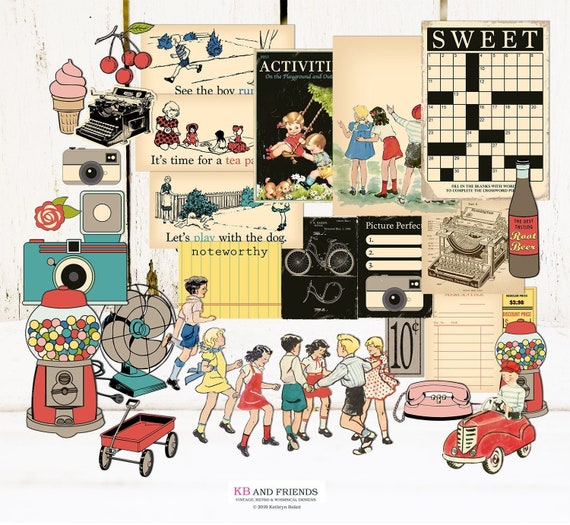 Retro children scrapbook ephemera cards & embellishments, digital