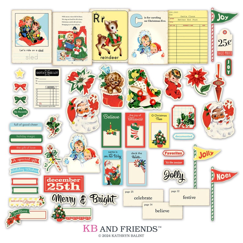 Vintage style, printable Christmas ephemera for scrapbooks and junk journals.